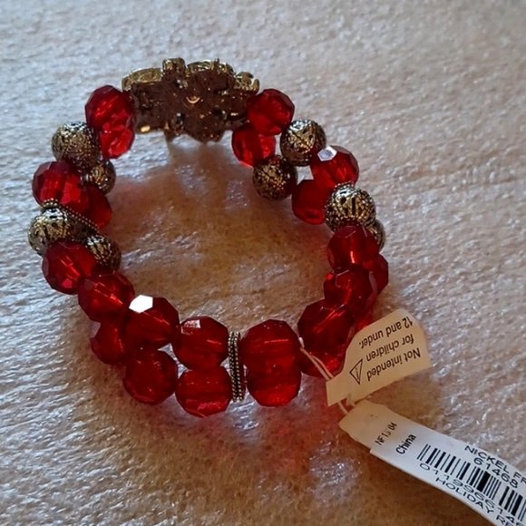 1928 Red Beaded Silver Tone Stretch Bracelet - NWT - Picture 4 of 4